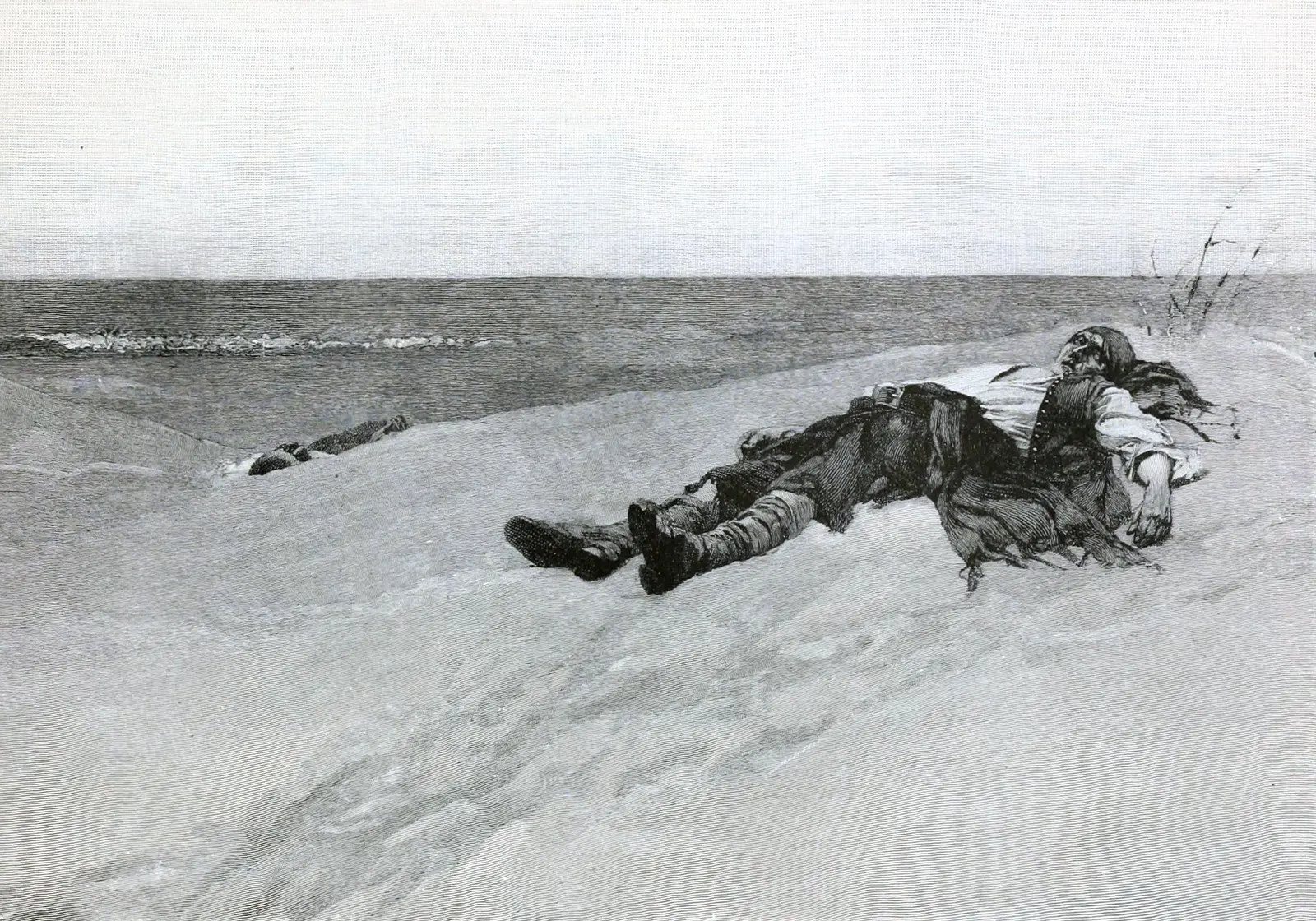 Illustration of Blackbeard burying treasure on a moonlit beach, from Howard Pyle's Book of Pirates